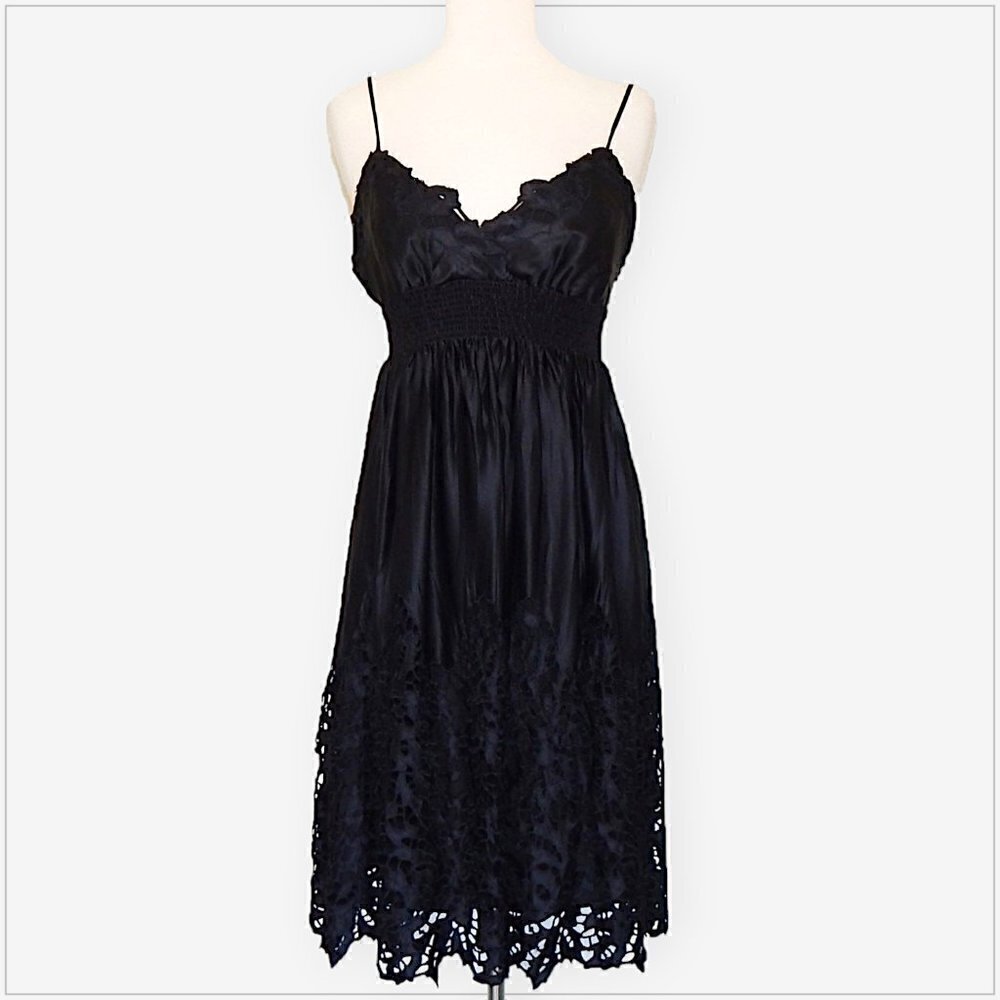 BCBGMaxAzria Black Silk Empire Cutwork Lace Embroidered Slip Boho Dress NWOT XS
